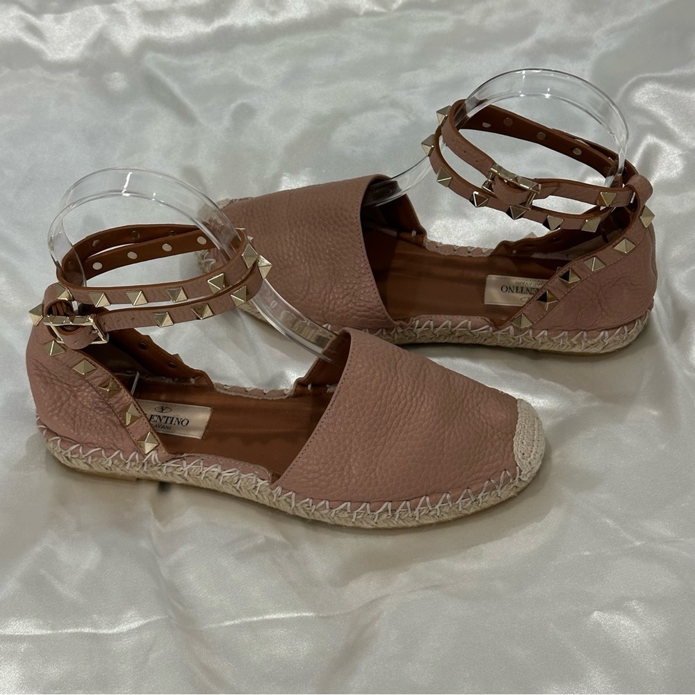 Valentino Garavani Rockstud Espadrille Sandals Leather Wrap Ankle Poudre Pink 35 - Picture 6 of 12